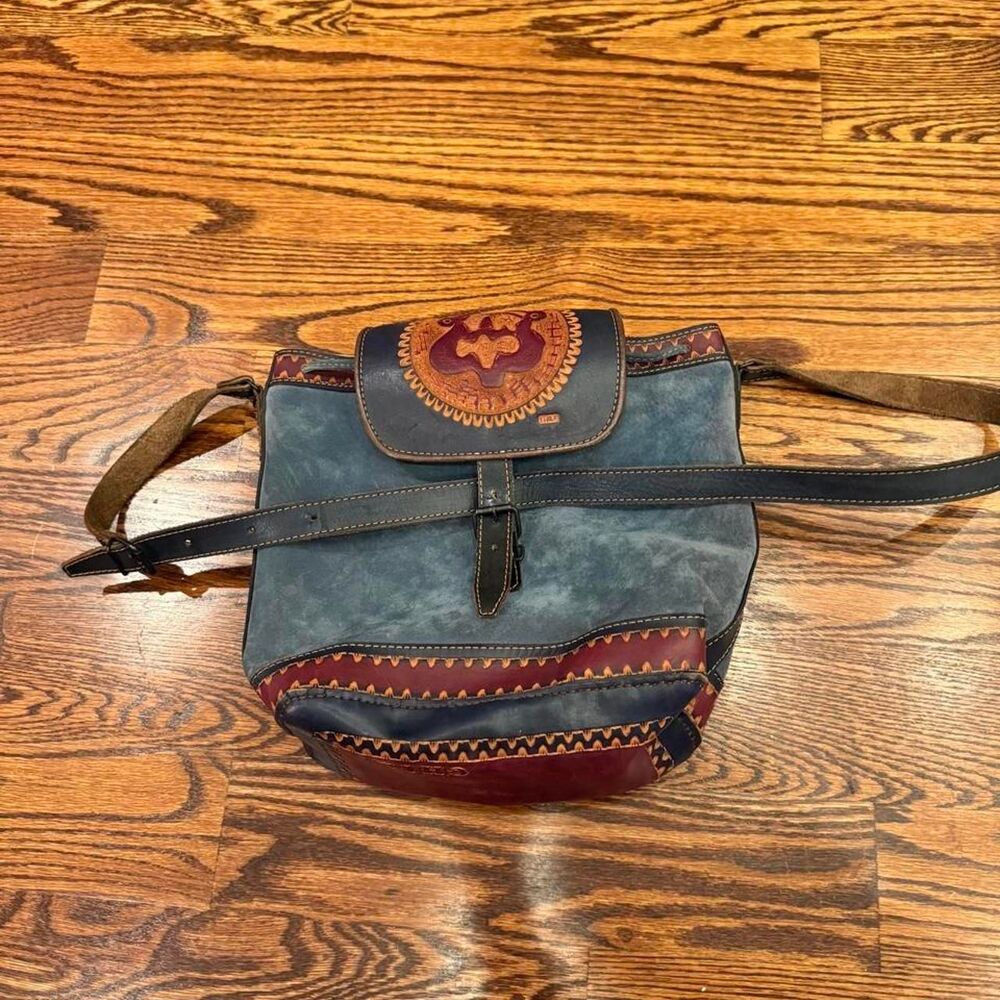 New blue suede bag/satchel with long leather strap